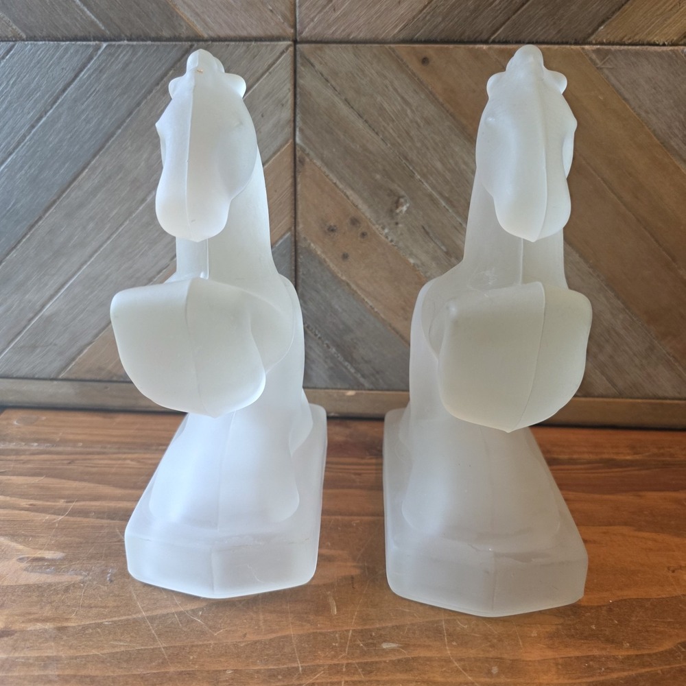 Art Deco Frosted Glass L.E. Smith Horse Bookends Very Heavy 8" x 6" Set of 2